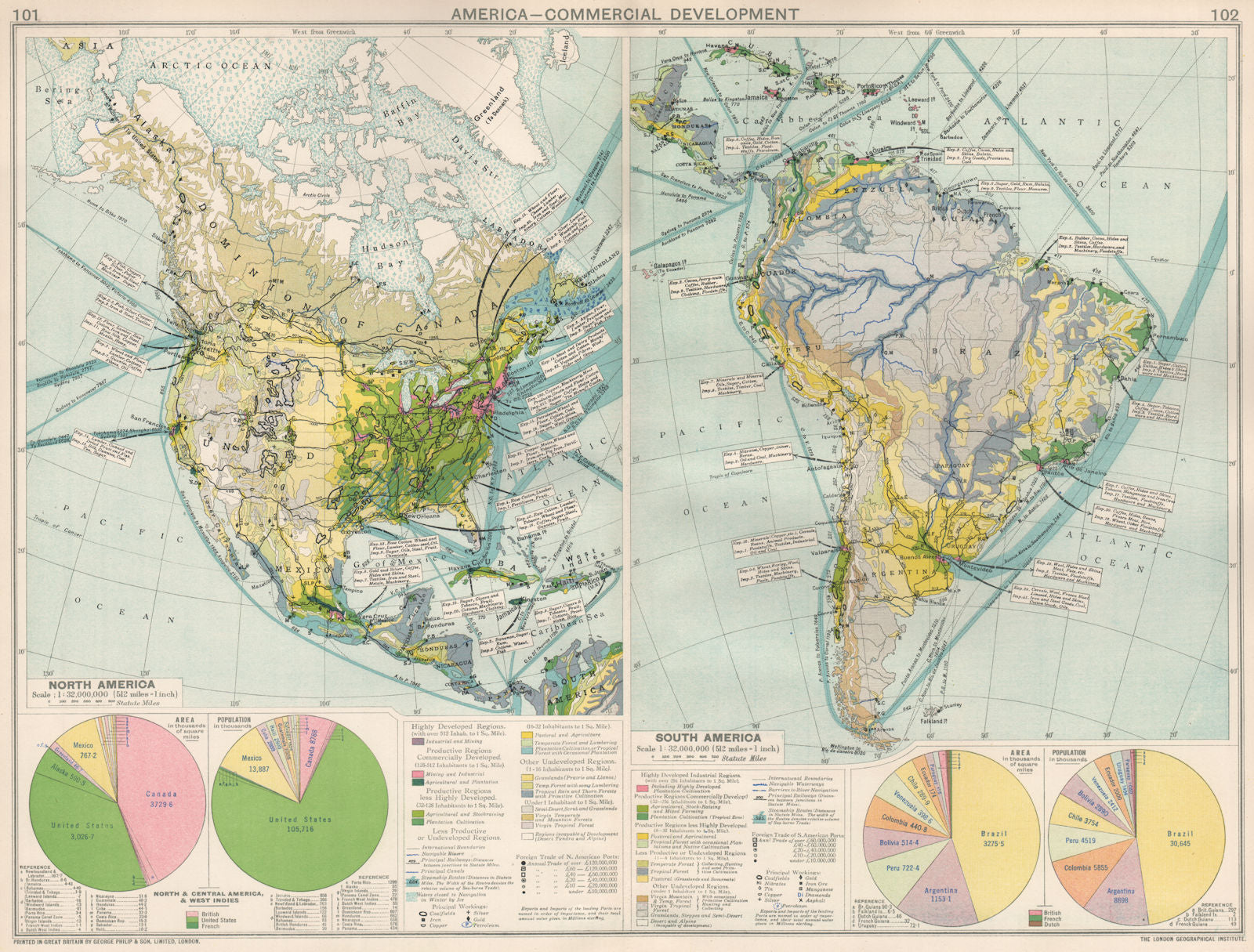 North & South America. Commercial Development. Import & export routes 1925 map